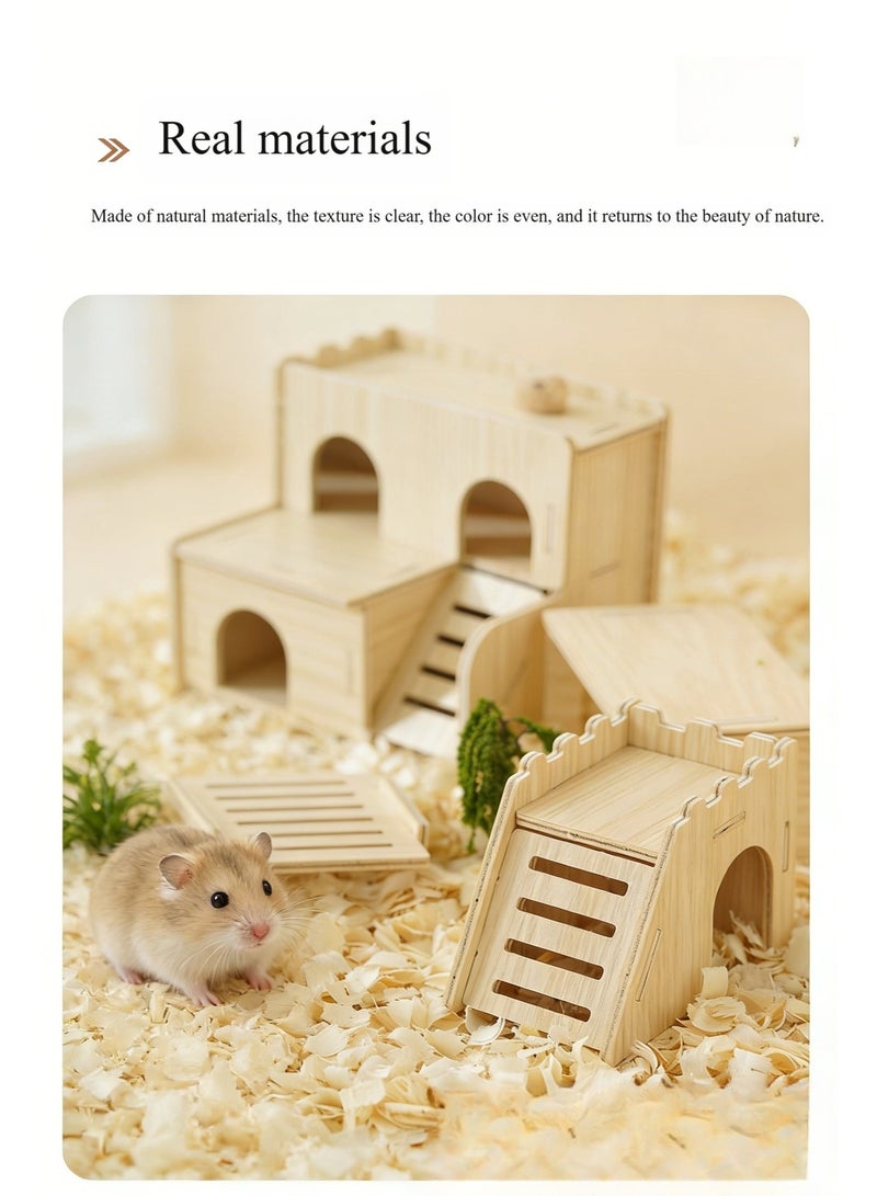 Oldzhan Hamster Nest Solid Wood Toy Small House Golden Bear Avoidance House Double layered Villa Tunnel Hamster Wooden Toy Landscape (Avoidance House Arch Bridge Style) - Image 1